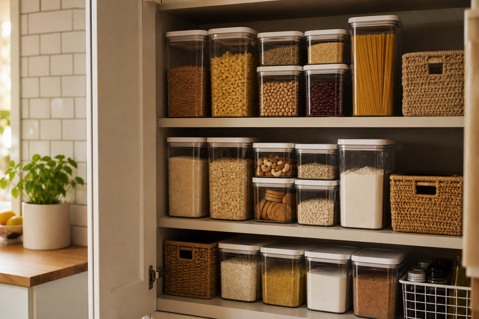 Clear plastic pantry organizer bins on shelves